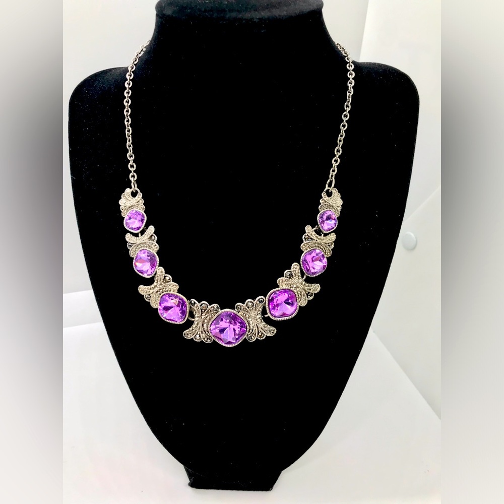 Crown Trifari Purple Crystal  Rhinestone Marcasite Style Necklace Logo Crown